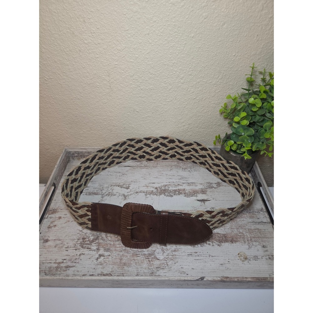 HOBBS Women's Brown Leather Braided Woven Wide Waist Belt M/L Made in Italy